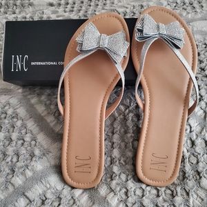 INC Silver Bling Slides with Bow, Size 11W -- NEW